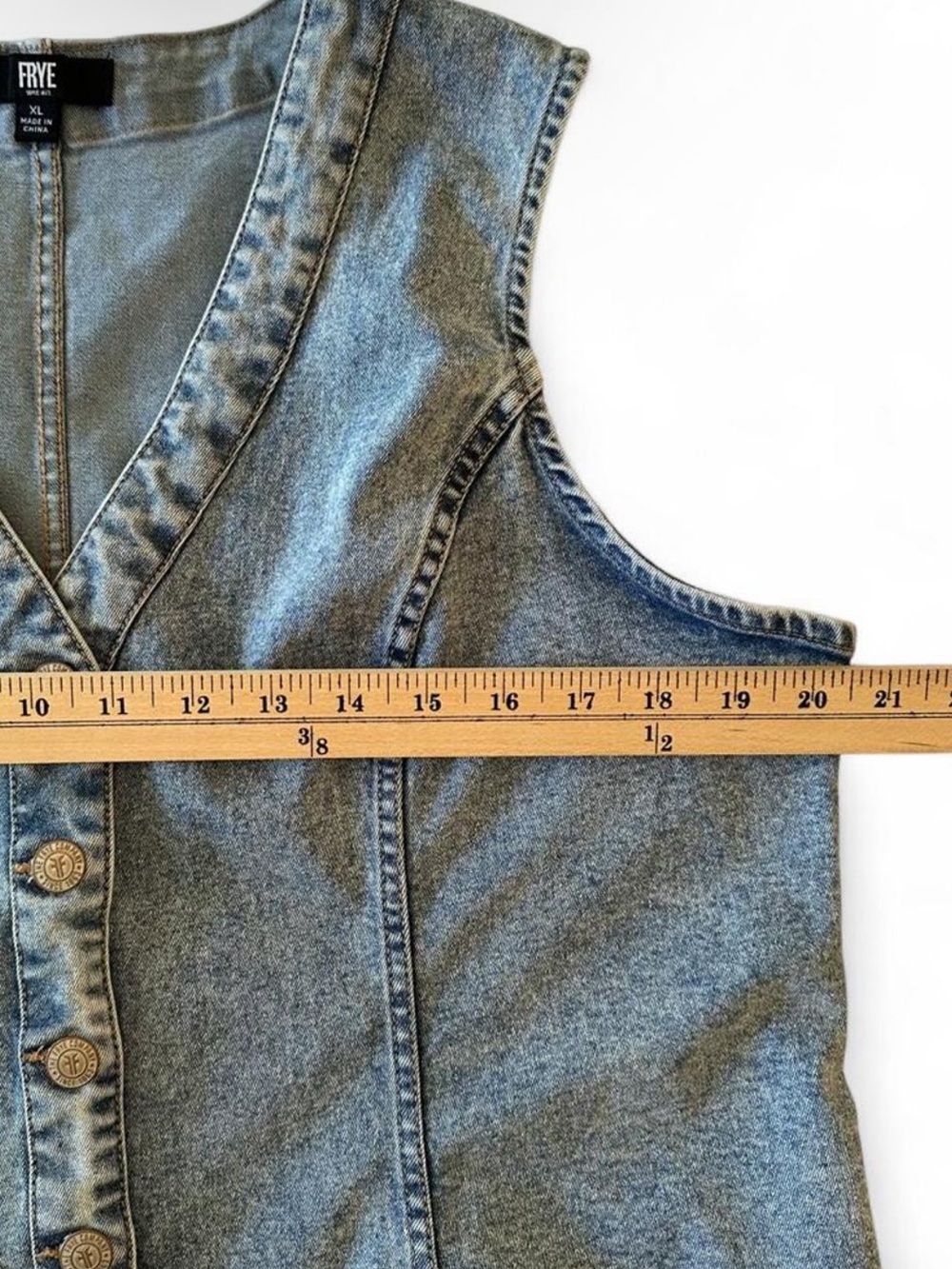 Frye XL Light Wash Stretch Denim Button Front Mini Dress Preppy 90s Minimalist - Picture 7 of 8
